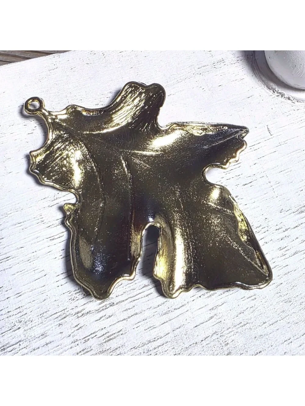 Coppery Brown Enamel on Gold Tone Alloy 3D Textured Large Autumn Leaf Pendant
